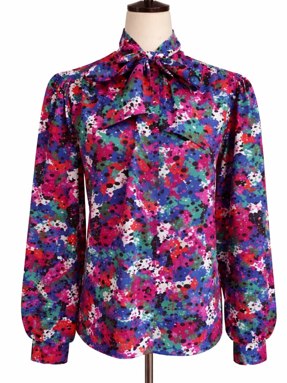 Vintage bow colorful button down silky polyester blouse. M